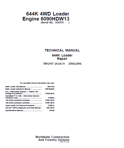 John Deere 644K Technical Manual