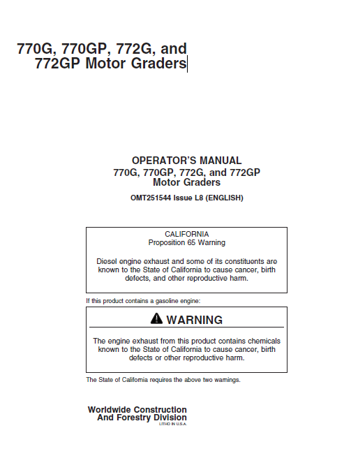 John Deere 770G, 770GP, 772G, and 772GP Operators Manual